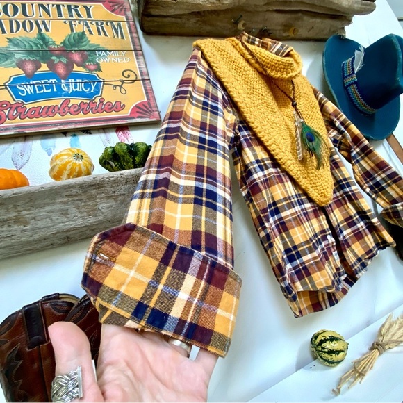 ROOTS plaid flannel boho shirt/cover up w fall harvest thanksgiving cabin vibe - Picture 12 of 14